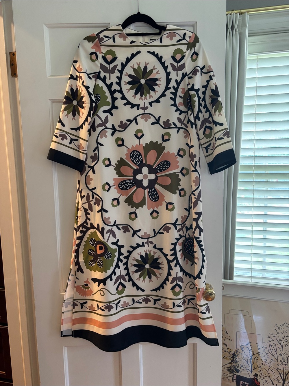Floral Medallion Print A-Line Dress - White with Green & Pink